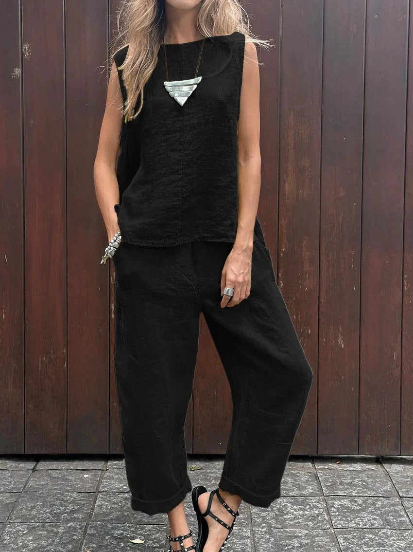 Sheila™ -Casual Solid Color Sleeveless Vest & Pants Two Piece Set