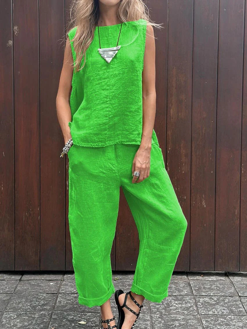 Sheila™ -Casual Solid Color Sleeveless Vest & Pants Two Piece Set